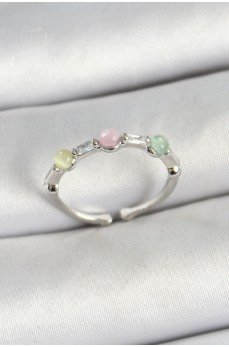 Pirinç Sıralı Boncuk Figürlü Zirkon Taşlı Gümüş Renk Ayarlanabilir Kadın Yüzük