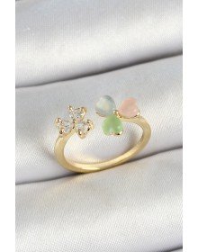 Pirinç Kalp Figürlü Zirkon Taşlı Gold Renk Ayarlanabilir Kadın Yüzük