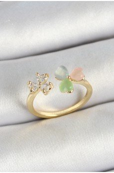 Pirinç Kalp Figürlü Zirkon Taşlı Gold Renk Ayarlanabilir Kadın Yüzük