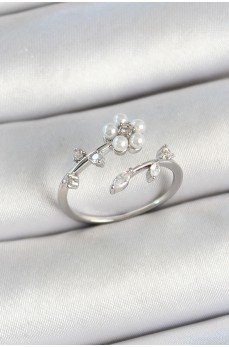 Pirinç İnci Detaylı Papatya Figürlü Zirkon Taşlı Gümüş Renk Ayarlanabilir Kadın Yüzük