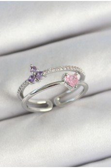 Pirinç Kalp Ve Çiçek Figürlü Zirkon Taşlı Gümüş Renk Ayarlanabilir Kadın Yüzük