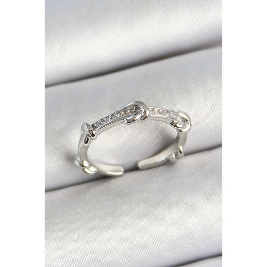 Pirinç Düğüm Figürlü Zirkon Taşlı Gümüş Renk Ayarlanabilir Kadın Yüzük