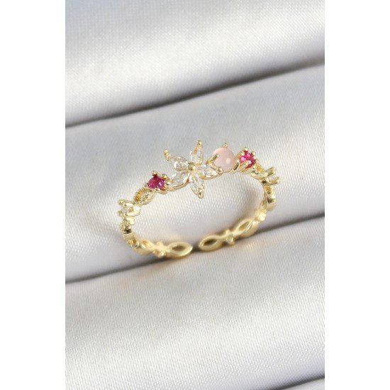 Pirinç Papatya Figürlü Zirkon Taşlı Gold Renk Ayarlanabilir Kadın Yüzük