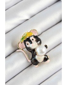 İnci Detaylı Siyah Ve Pembe 3D Sevimli Fare Figürlü Gold Renk Kadın Broş