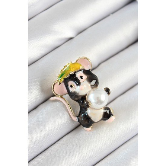 İnci Detaylı Siyah Ve Pembe 3D Sevimli Fare Figürlü Gold Renk Kadın Broş İnci Detaylı Siyah Ve Pembe 3D Sevimli Fare Figürlü Gold Renk Kadın Broş