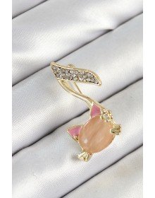 Zirkon Taşlı 3D Kedi Detaylı Nota Figürlü Gold Renk Kadın Broş