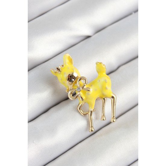 Zirkon Taşlı Fiyonk Detaylı 3D Sarı Ceylan Figürlü Gold Renk Kadın Broş