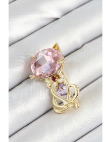 Pembe Zirkon Taşlı Kap Detaylı Kedi Figürlü Gold Renk Kadın Broş