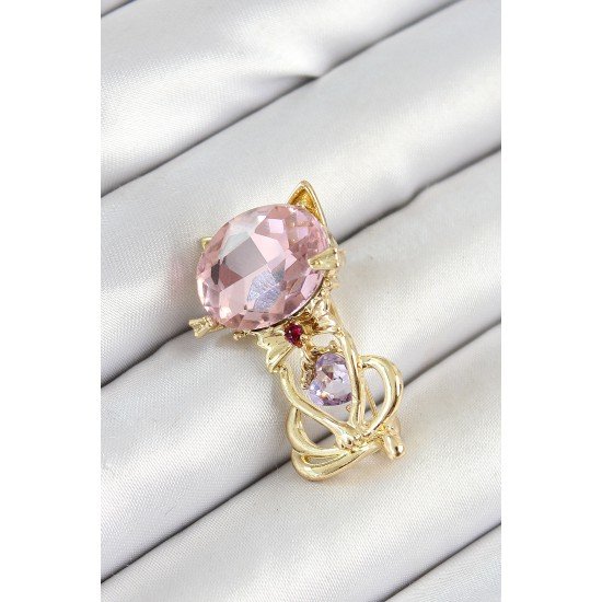 Pembe Zirkon Taşlı Kap Detaylı Kedi Figürlü Gold Renk Kadın Broş