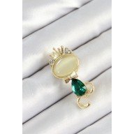 Yeşil Damla Zirkon Taşlı Kraliçe Taçlı Kedi Figürlü Gold Renk Kadın Broş