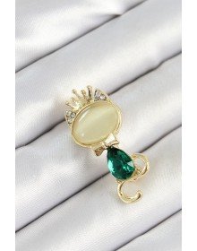 Yeşil Damla Zirkon Taşlı Kraliçe Taçlı Kedi Figürlü Gold Renk Kadın Broş