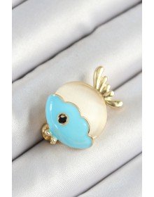 Mineli Turkuaz Ve Krem Balık Figürlü Gold Renk Kadın Broş