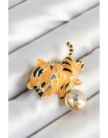 Zirkon Taşlı Siyah Çizgili Turuncu Kaplan Figürlü Gold Renk Kadın Broş