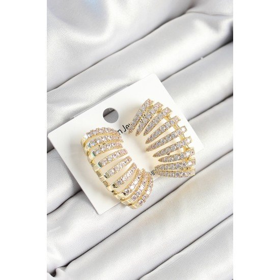 Pirinç Zirkon Taşlı Çoklu Görünümlü Model Gold Renk Kadın Küpe Pirinç Zirkon Taşlı Çoklu Görünümlü Model Gold Renk Kadın Küpe