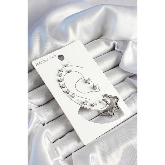 316L Çelik Yıldız Figürlü Ve Zirkon Taşlı Gümüş Renk 7'li Çift Kadın Küpe Set