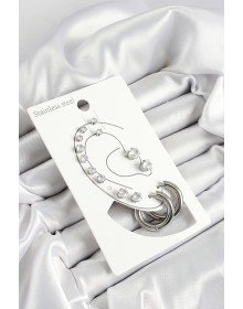 316L Çelik Halka Figürlü Ve Zirkon Taşlı Gümüş Renk 7'li Çift Kadın Küpe Set