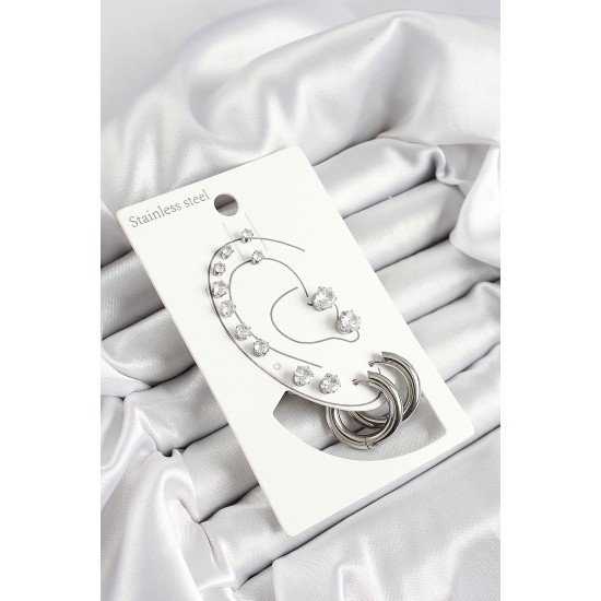 316L Çelik Halka Figürlü Ve Zirkon Taşlı Gümüş Renk 7'li Çift Kadın Küpe Set