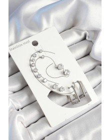 316L Çelik Dikdörtgen Figürlü Ve Zirkon Taşlı Gümüş Renk 7'li Çift Kadın Küpe Set