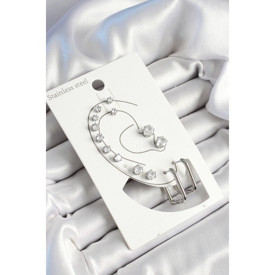 316L Çelik Dikdörtgen Figürlü Ve Zirkon Taşlı Gümüş Renk 7'li Çift Kadın Küpe Set