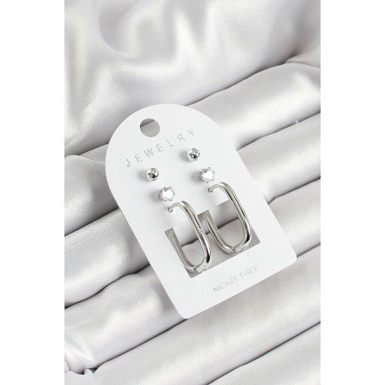 Pirinç Zirkon Taş Ve Dikdörtgen Figürlü Gümüş Renk 3'lü Çift Kadın Küpe Set Pirinç Zirkon Taş Ve Dikdörtgen Figürlü Gümüş Renk 3'lü Çift Kadın Küpe Set