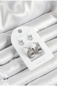 Pirinç Zirkon Taş Ve Halka Figürlü Gümüş Renk 3'lü Çift Kadın Küpe Set