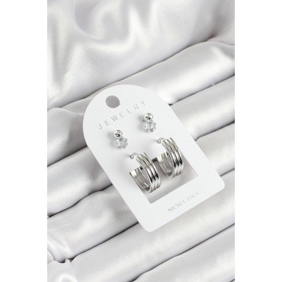 Pirinç Zirkon Taş Ve Halka Figürlü Gümüş Renk 3'lü Çift Kadın Küpe Set