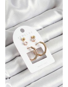 Pirinç Zirkon Taş Ve Kemik Halka Figürlü Gold Renk 3'lü Çift Kadın Küpe Set