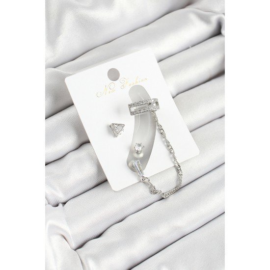 Pirinç Üçgen Figürlü Zirkon Taşlı Gümüş Renk 3'lü Kıkırdak Kadın Küpe Set