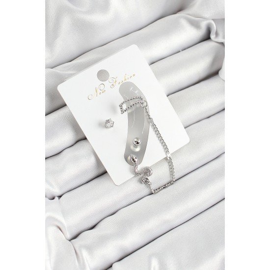 Pirinç Yılan Figürlü Zirkon Taşlı Gümüş Renk 3'lü Kıkırdak Kadın Küpe Set