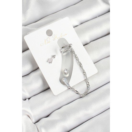 Pirinç Ok Figürlü Zirkon Taşlı Gümüş Renk 3'lü Kıkırdak Kadın Küpe Set Pirinç Ok Figürlü Zirkon Taşlı Gümüş Renk 3'lü Kıkırdak Kadın Küpe Set