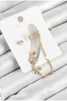 Pirinç Yılan Figürlü Zirkon Taşlı Gold Renk 3'lü Kıkırdak Kadın Küpe Set
