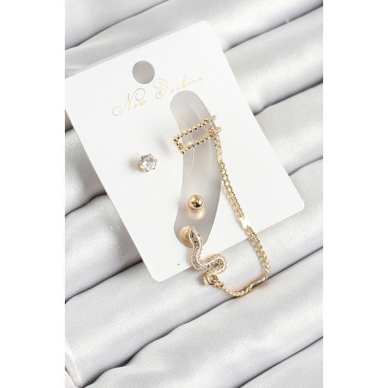 Pirinç Yılan Figürlü Zirkon Taşlı Gold Renk 3'lü Kıkırdak Kadın Küpe Set Pirinç Yılan Figürlü Zirkon Taşlı Gold Renk 3'lü Kıkırdak Kadın Küpe Set