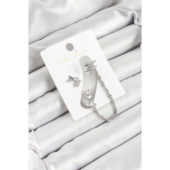 Pirinç Kelebek Figürlü Zirkon Taşlı Gümüş Renk 3'lü Kıkırdak Kadın Küpe Set Pirinç Kelebek Figürlü Zirkon Taşlı Gümüş Renk 3'lü Kıkırdak Kadın Küpe Set