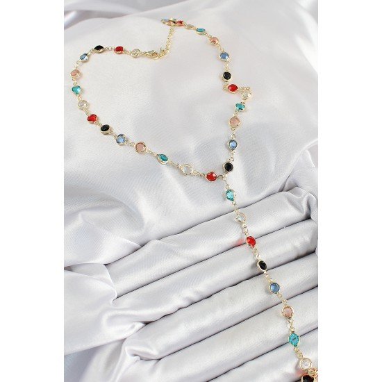 Pirinç Asorti Model Gold Renk Zirkon Taşlı Y Kolye