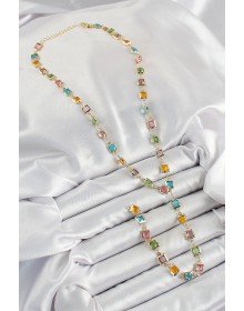 Pirinç Asorti Kare Model Gold Renk Zirkon Taşlı Y Kolye