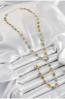 Pirinç Asorti Kare Model Gold Renk Zirkon Taşlı Y Kolye