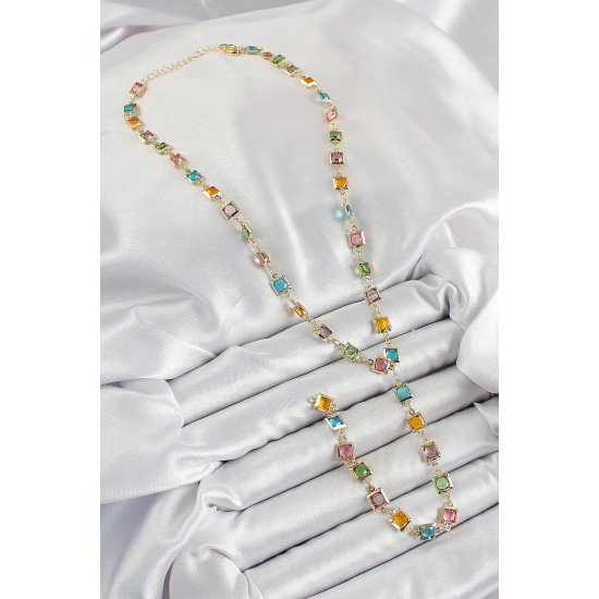 Pirinç Asorti Kare Model Gold Renk Zirkon Taşlı Y Kolye