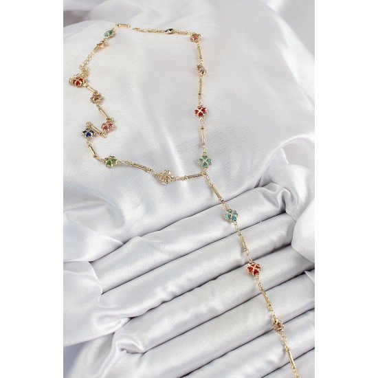 Pirinç Asorti Kalpli Yonca Model Gold Renk Zirkon Taşlı Y Kolye