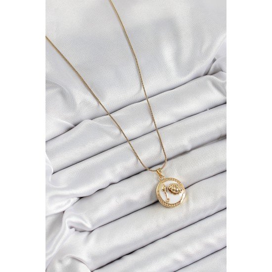 316L Çelik Zincir Beyaz Mineli Sanatsal Portre İstiridye Model Gold Renk Kadın Kolye