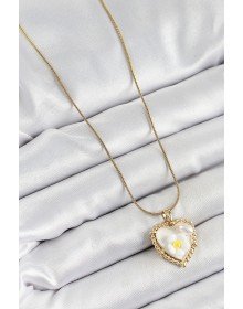 316L Çelik Zincir Beyaz Sanatsal Portre İnci Detaylı Papatya Figürlü Kalp Model Gold Renk Kadın Kolye