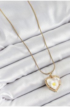 316L Çelik Zincir Beyaz Sanatsal Portre İnci Detaylı Papatya Figürlü Kalp Model Gold Renk Kadın Kolye