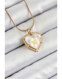 316L Çelik Zincir Beyaz Sanatsal Portre İnci Detaylı Papatya Figürlü Kalp Model Gold Renk Kadın Kolye