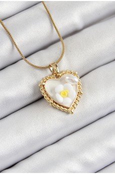 316L Çelik Zincir Beyaz Sanatsal Portre İnci Detaylı Papatya Figürlü Kalp Model Gold Renk Kadın Kolye