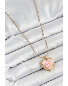 316L Çelik Zincir Pembe Sanatsal Portre İnci Detaylı Papatya Figürlü Kalp Model Gold Renk Kadın Kolye