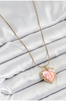 316L Çelik Zincir Pembe Sanatsal Portre İnci Detaylı Papatya Figürlü Kalp Model Gold Renk Kadın Kolye