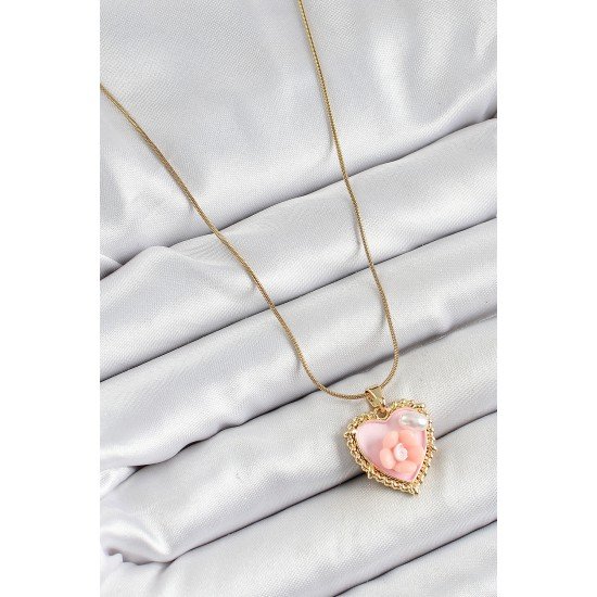 316L Çelik Zincir Pembe Sanatsal Portre İnci Detaylı Papatya Figürlü Kalp Model Gold Renk Kadın Kolye