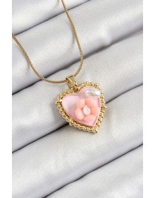 316L Çelik Zincir Pembe Sanatsal Portre İnci Detaylı Papatya Figürlü Kalp Model Gold Renk Kadın Kolye