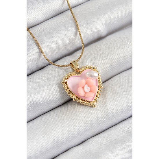 316L Çelik Zincir Pembe Sanatsal Portre İnci Detaylı Papatya Figürlü Kalp Model Gold Renk Kadın Kolye