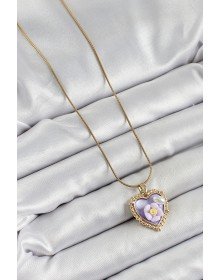316L Çelik Zincir Mor Sanatsal Portre İnci Detaylı Papatya Figürlü Kalp Model Gold Renk Kadın Kolye