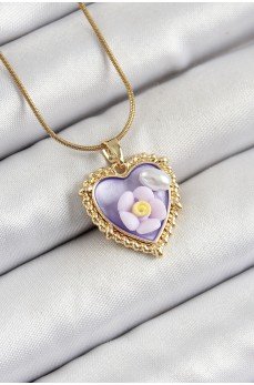 316L Çelik Zincir Mor Sanatsal Portre İnci Detaylı Papatya Figürlü Kalp Model Gold Renk Kadın Kolye